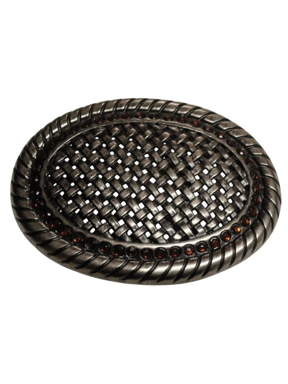 Vintage Oval Belt Buckle Amber Gem Accents & Textured Woven Center Western Style